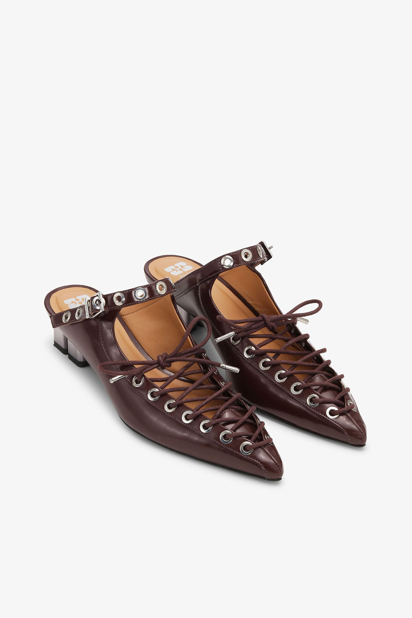 Lace-Up Mules in Brown Oleatex, Oleatex&trade;, in colour Tawny Port - 2 - GANNI