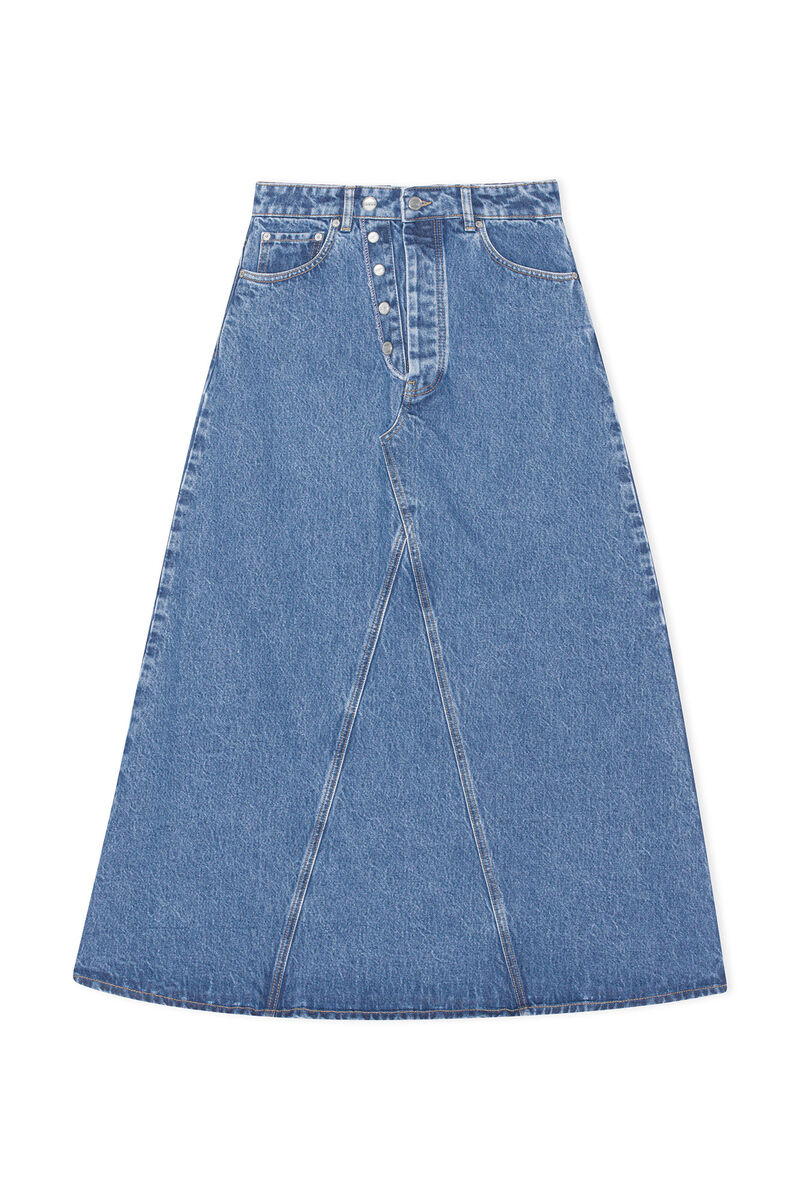 Overdyed Cutline Denim Maxi Skirt, Cotton, in colour Mid Blue Stone - 1 - GANNI