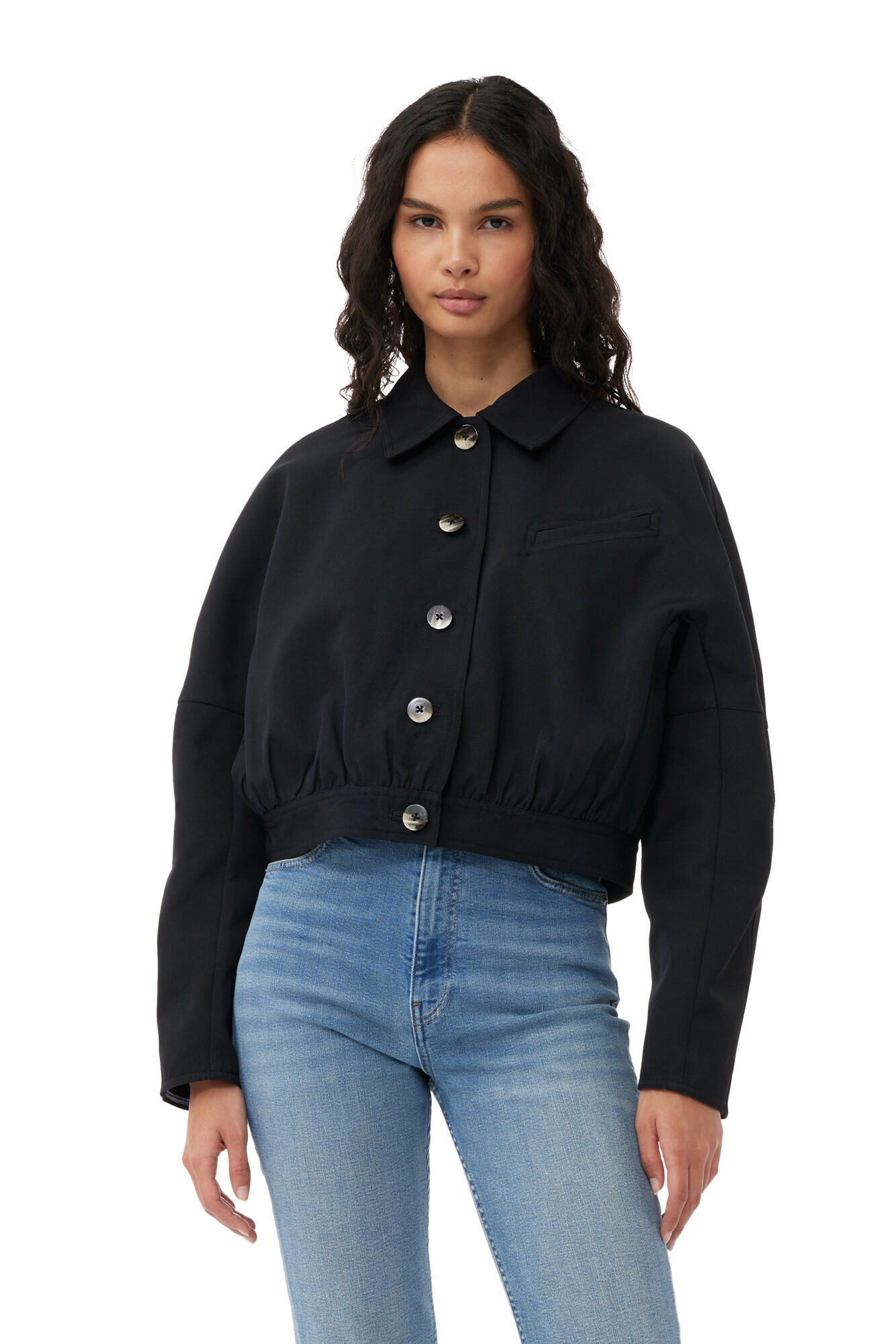 Black Heavy Twill Short Jacket, Recycled Polyester, in colour Black - 1 - GANNI