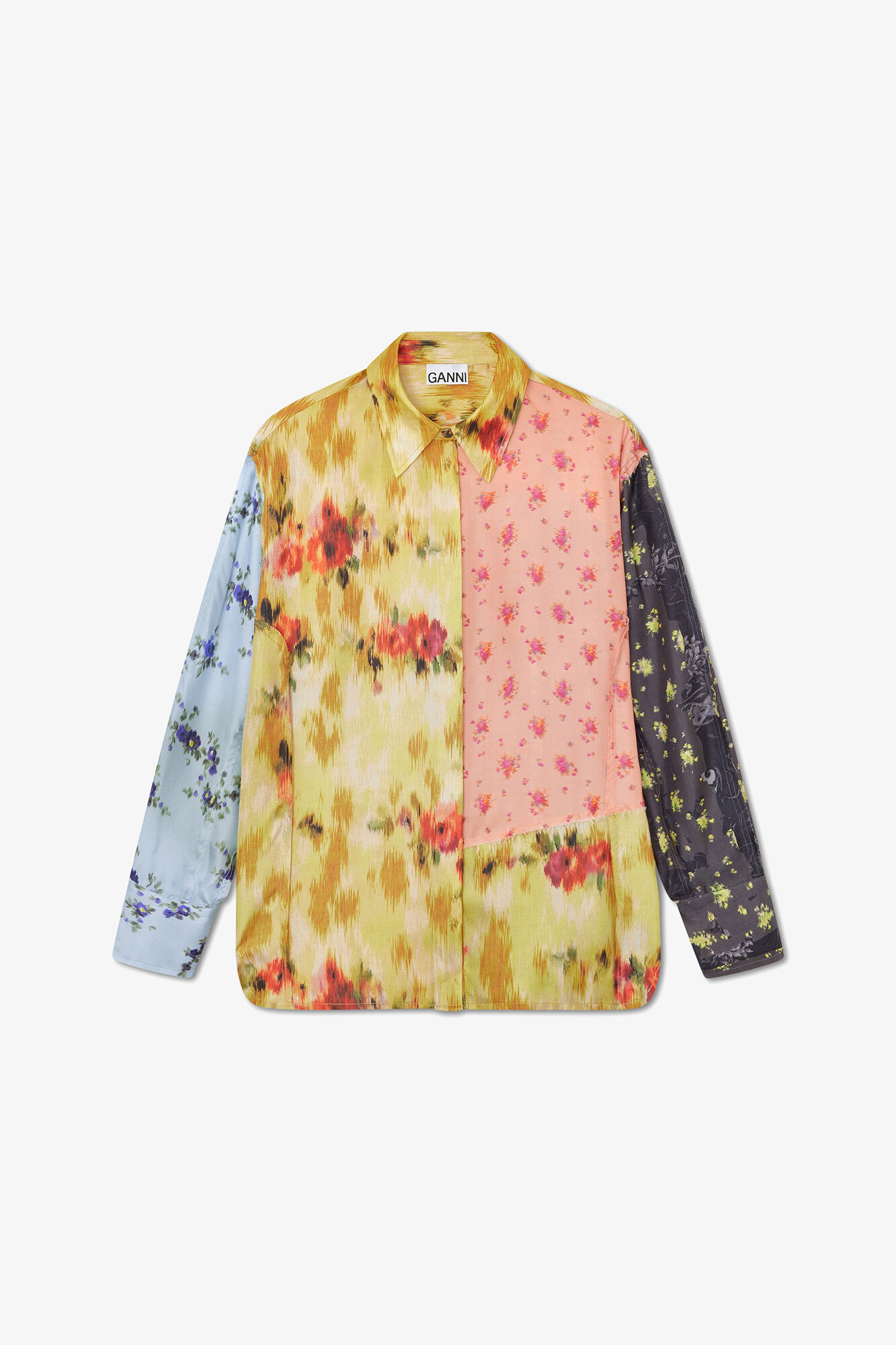 Shirt in Multi Printed Silk, Organic Wool, in colour Iced Aqua - 1 - GANNI