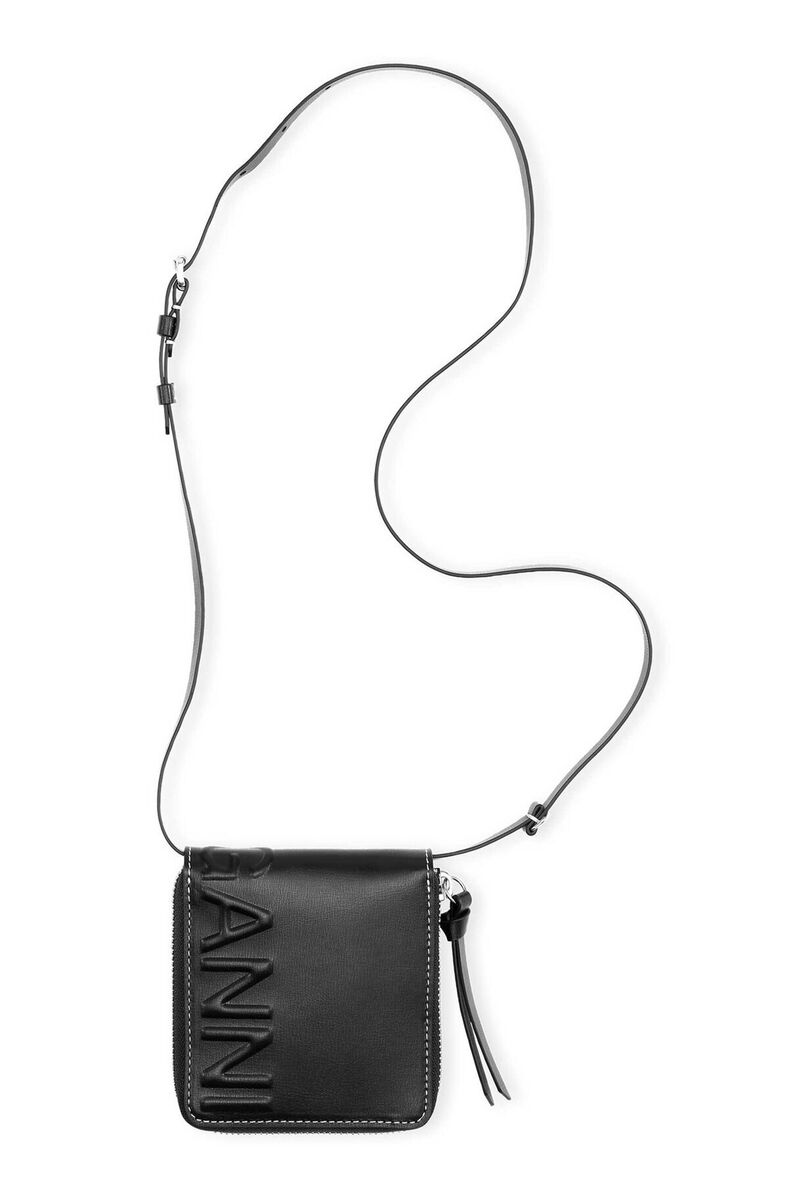 Halsbandsplånbok med logga, Leather, in colour Black - 2 - GANNI