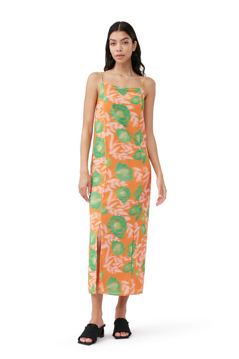 Ganni Printed Light Crepe Slip Dress In Vibrant Orange