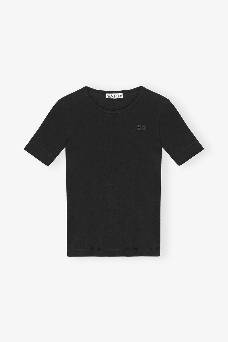Black Soft Cotton Rib T-Shirt, Organic Cotton, in colour Black - 1 - GANNI