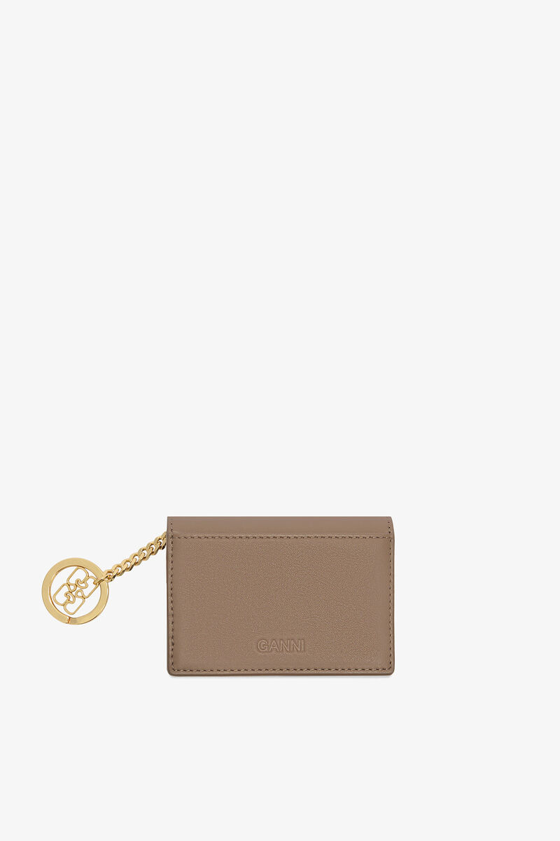 Bou Card Holder With Flap in Brown, Recycled Leather, in colour Coca Mocha - 2 - GANNI