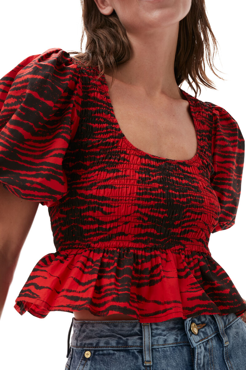 Cropped Smock Blouse, Cotton, in colour Fiery Red - 4 - GANNI