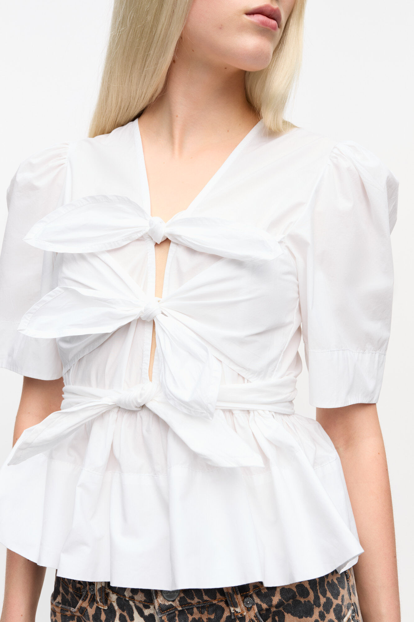 White Washed Stretch Cotton Tie Strap Blouse, Elastane, in colour Bright White - 4 - GANNI