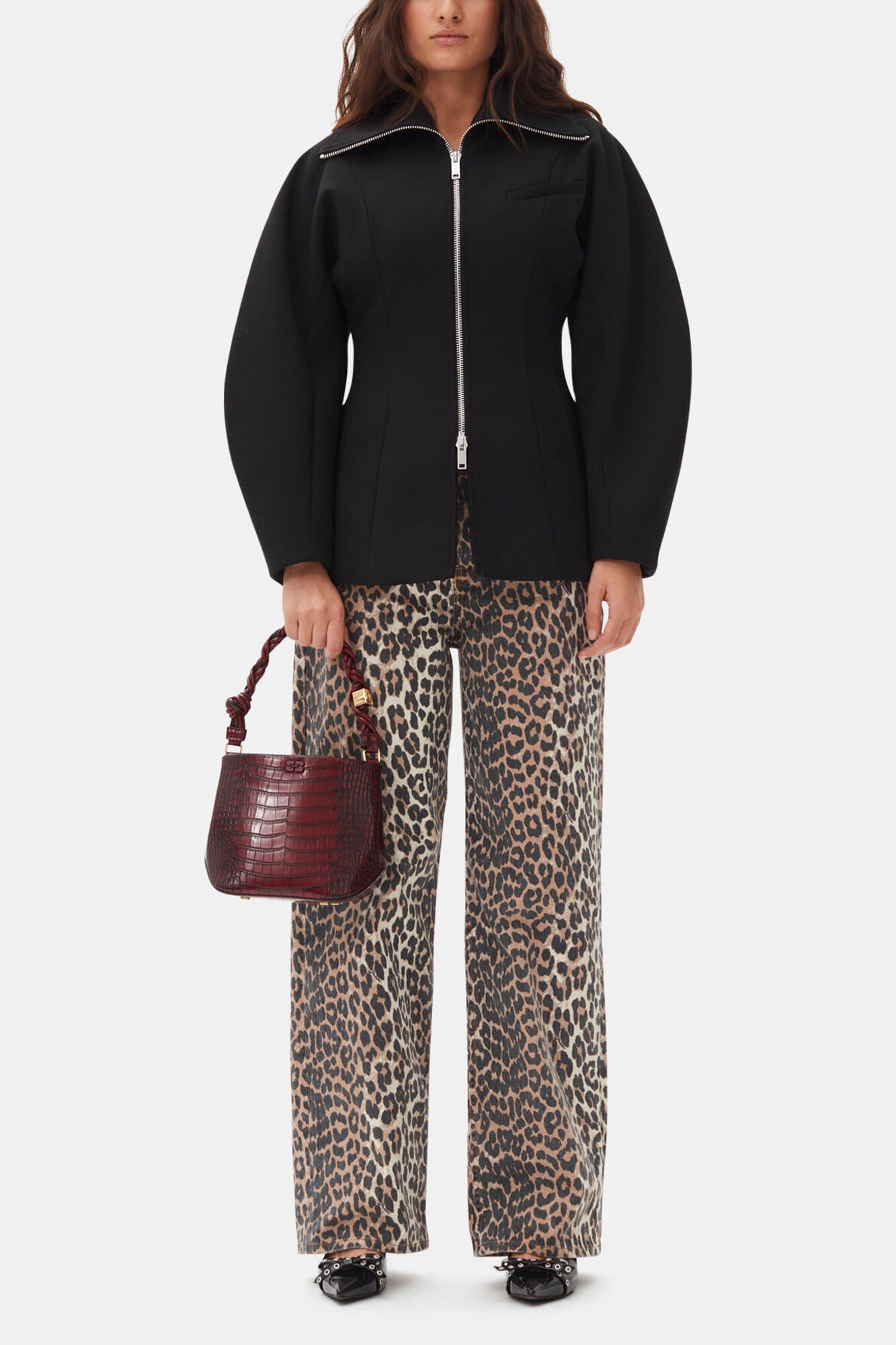 Black Bonded Crepe Curve Sleeve Jacket, Recycled Polyester, in colour Black - 2 - GANNI