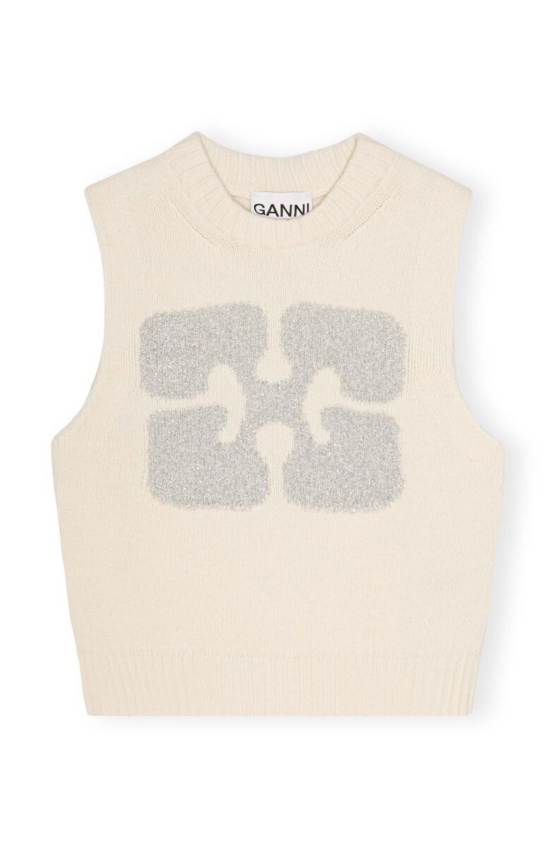 Gilet White Graphic Wool Mix, Metallic fiber, in colour Egret - 1 - GANNI