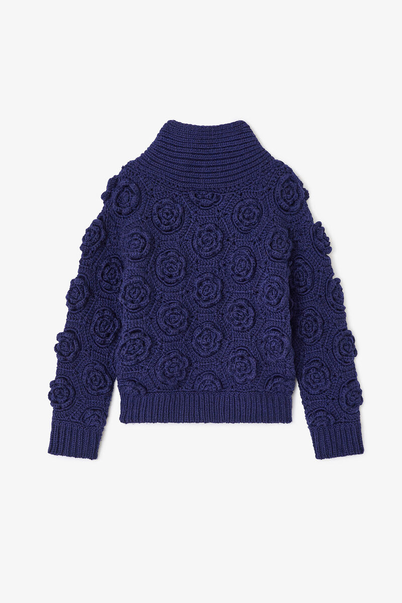 Dark Blue Flower Crochet Jumper, Wool, in colour Sky Captain - 1 - GANNI