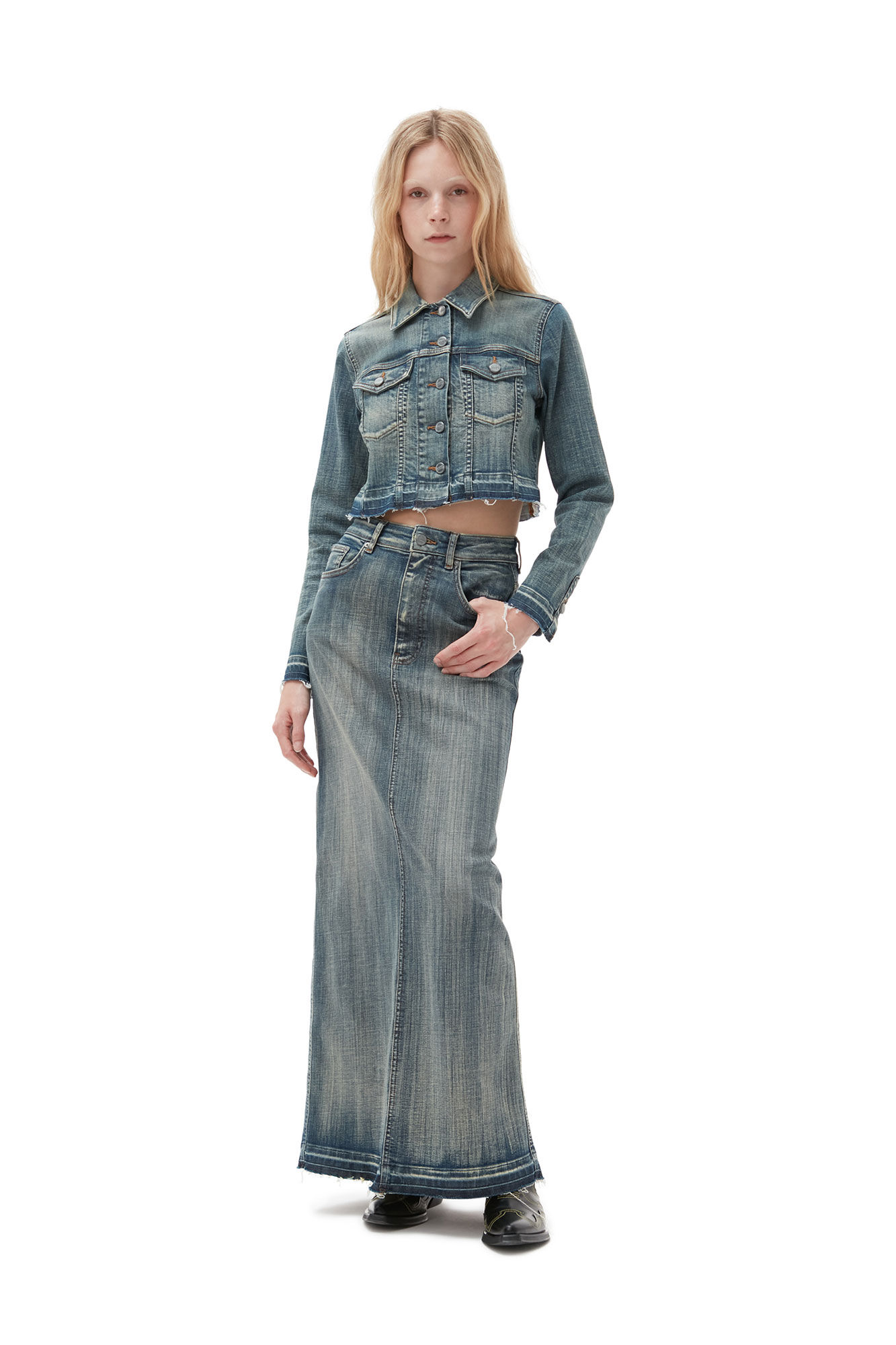Tint Edge Denim Cropped Jacket, Elastane, in colour Tint Wash - 2 - GANNI