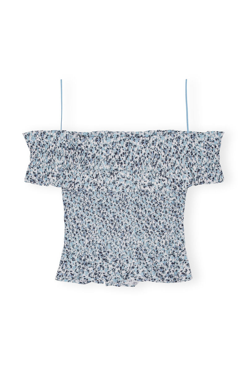 Blue Floral Printed Cotton Off-shoulder Smock Top, Cotton, in colour Glacier Lake - 2 - GANNI