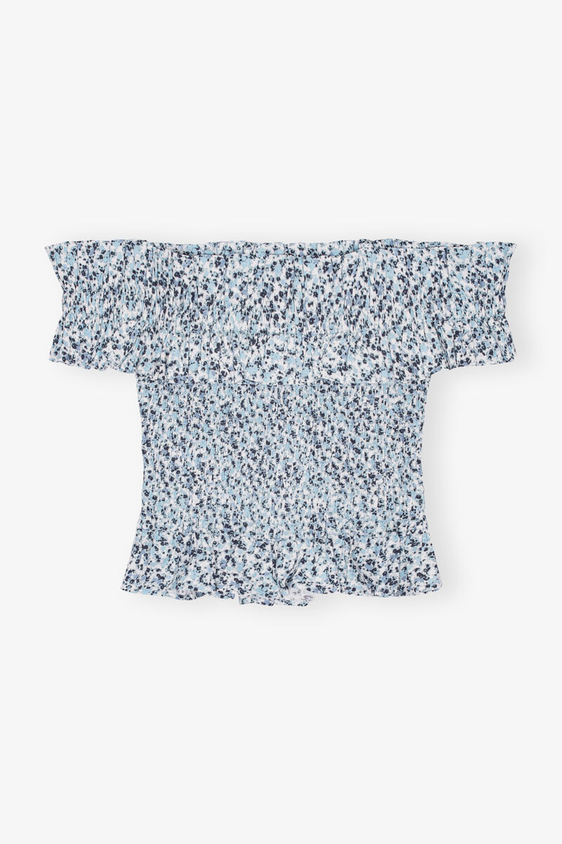 Glacier Lake Blue Floral Printed Cotton Off-shoulder Smock 