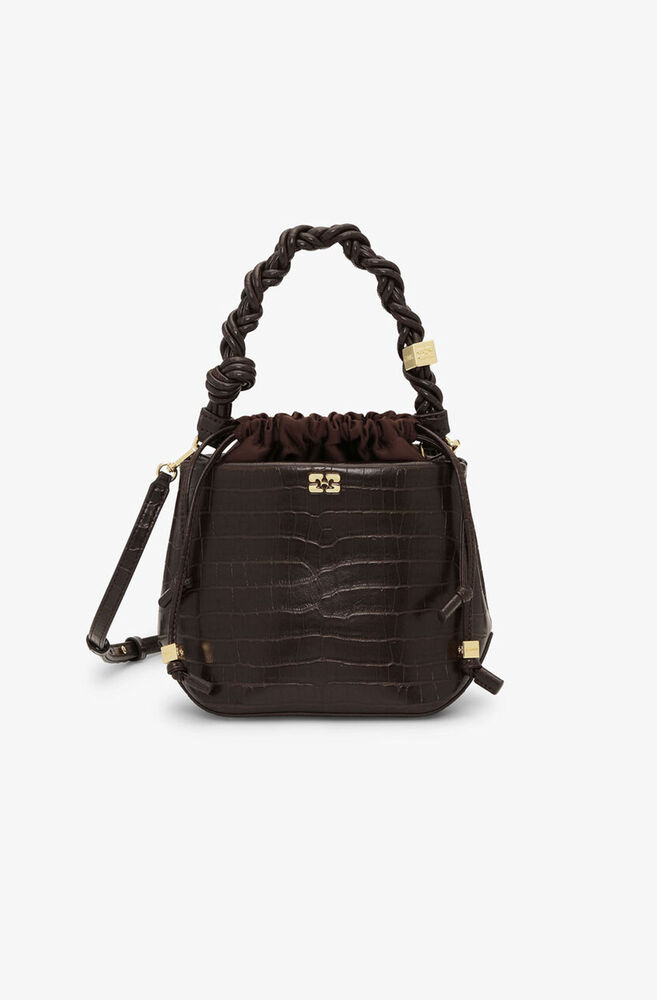Brown Croco GANNI Bou Bucket Bag, Chocolate Fondant