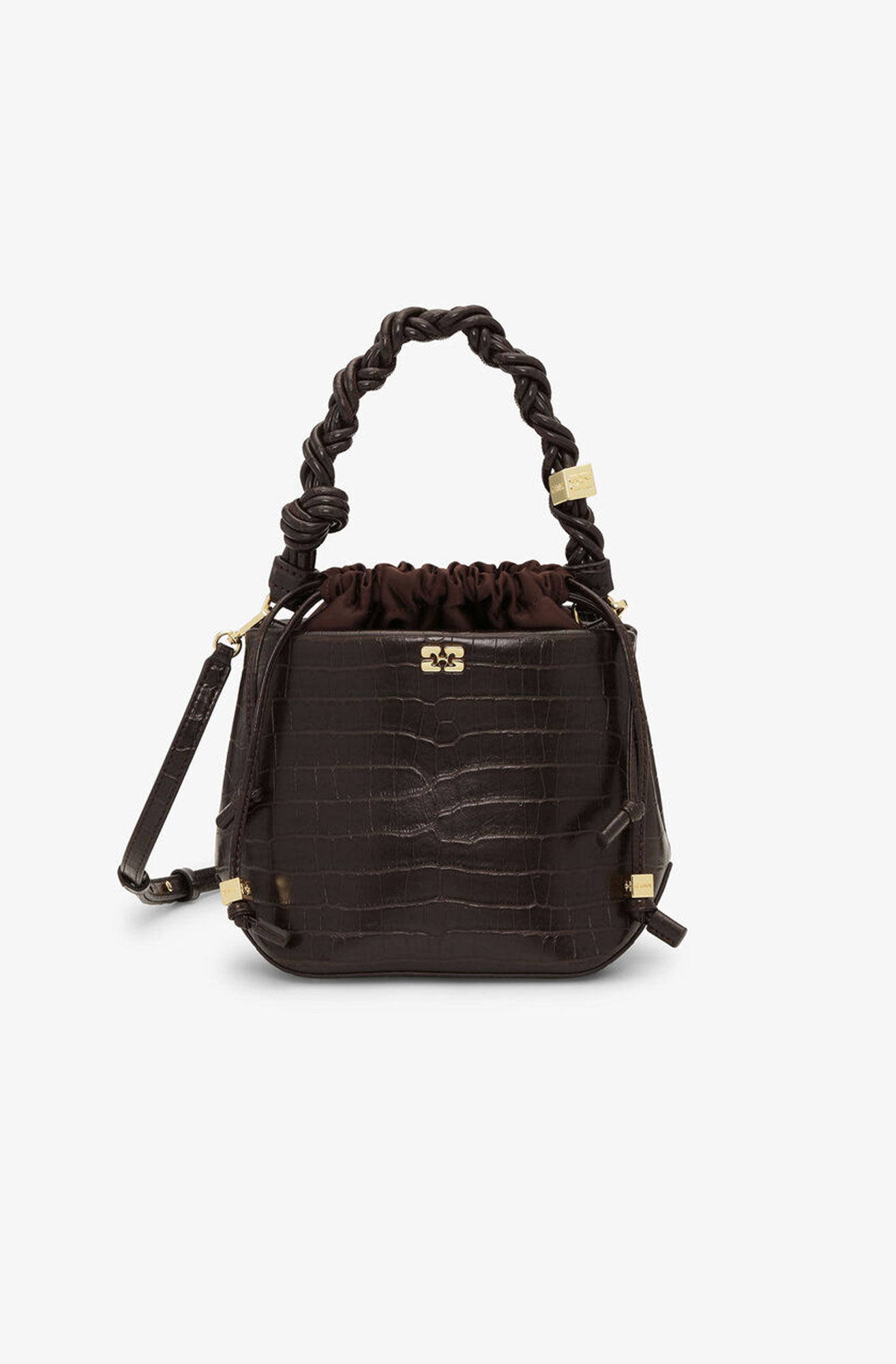 Brown Croco GANNI Bou Bucket Bag, Lyocell, in colour Chocolate Fondant - 1 - GANNI