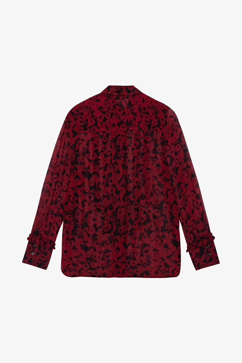 Red Printed Light Georgette Ruffle Shirt, Viscose, in colour Syrah - 2 - GANNI
