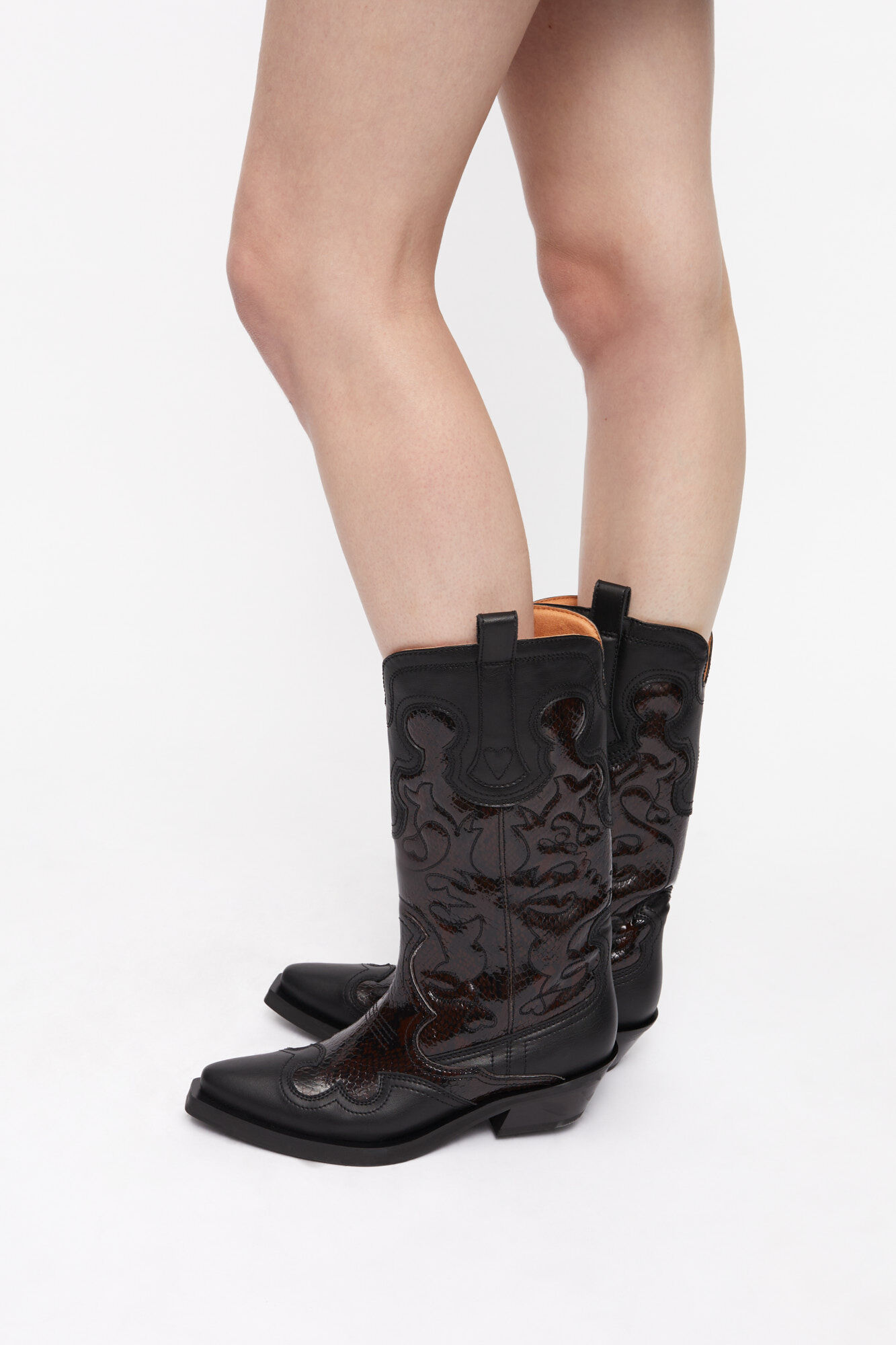 Mid Shaft Embroidered Western Boots in Burgundy, Recycled Leather, in colour Black/Dark Burgundy - 3 - GANNI