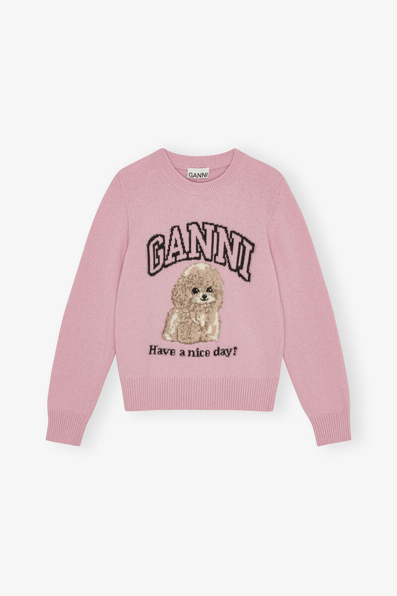Pull rose &agrave; imprim&eacute; chiot, Wool, in colour Chalk Pink - 1 - GANNI