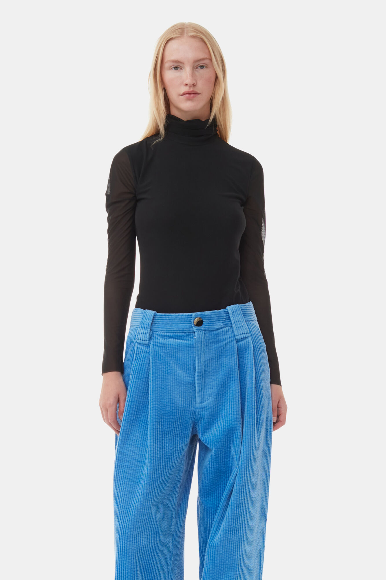 Blue Corduroy Loose Pleat Trousers, Elastane, in colour Silver Lake Blue - 4 - GANNI