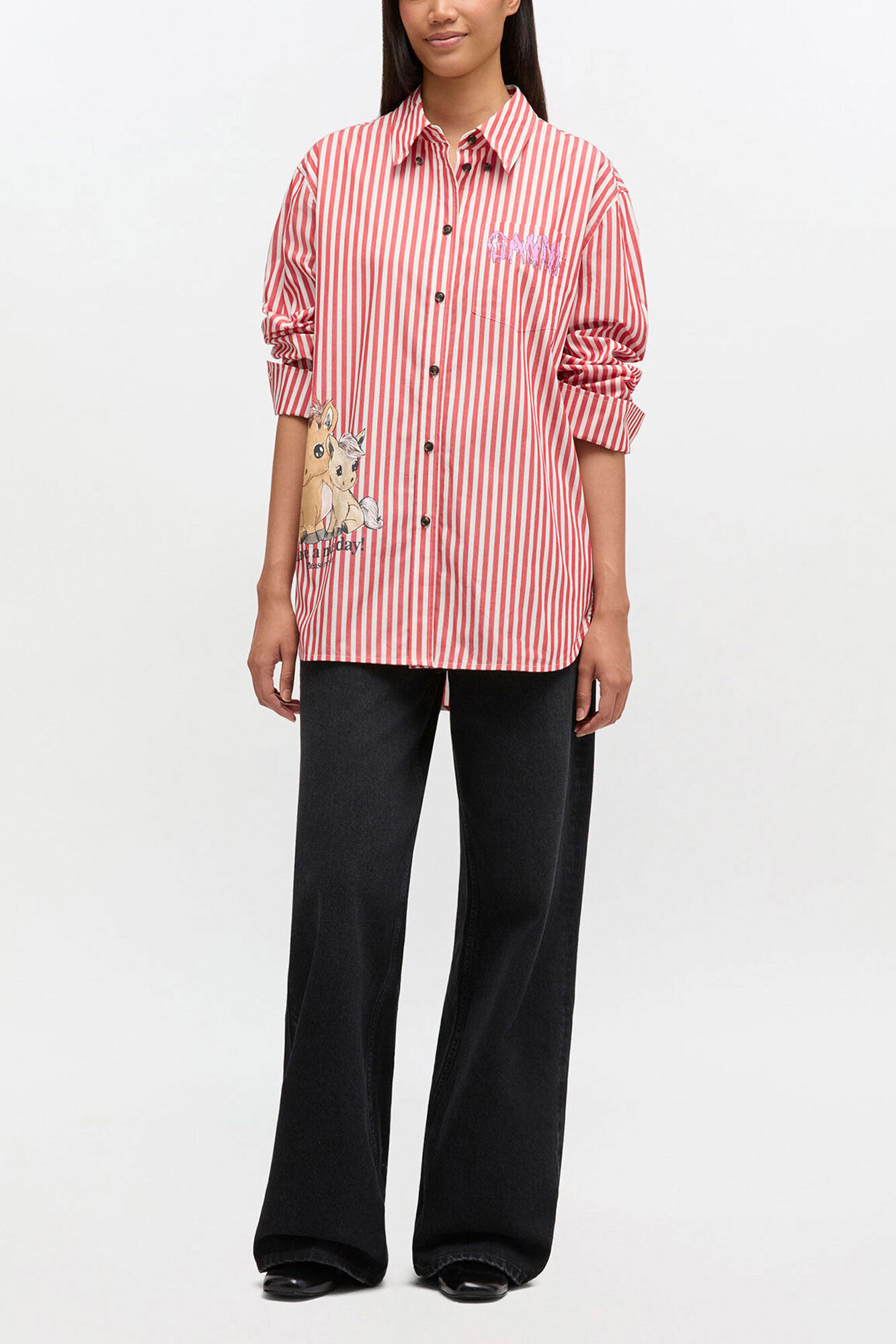 Red Stripe Cotton Shirt, Organic Cotton, in colour Barbados Cherry - 2 - GANNI