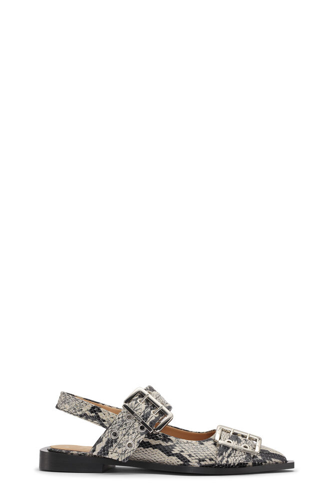 Snake Printed Feminine Buckle Ballerinas, Sand