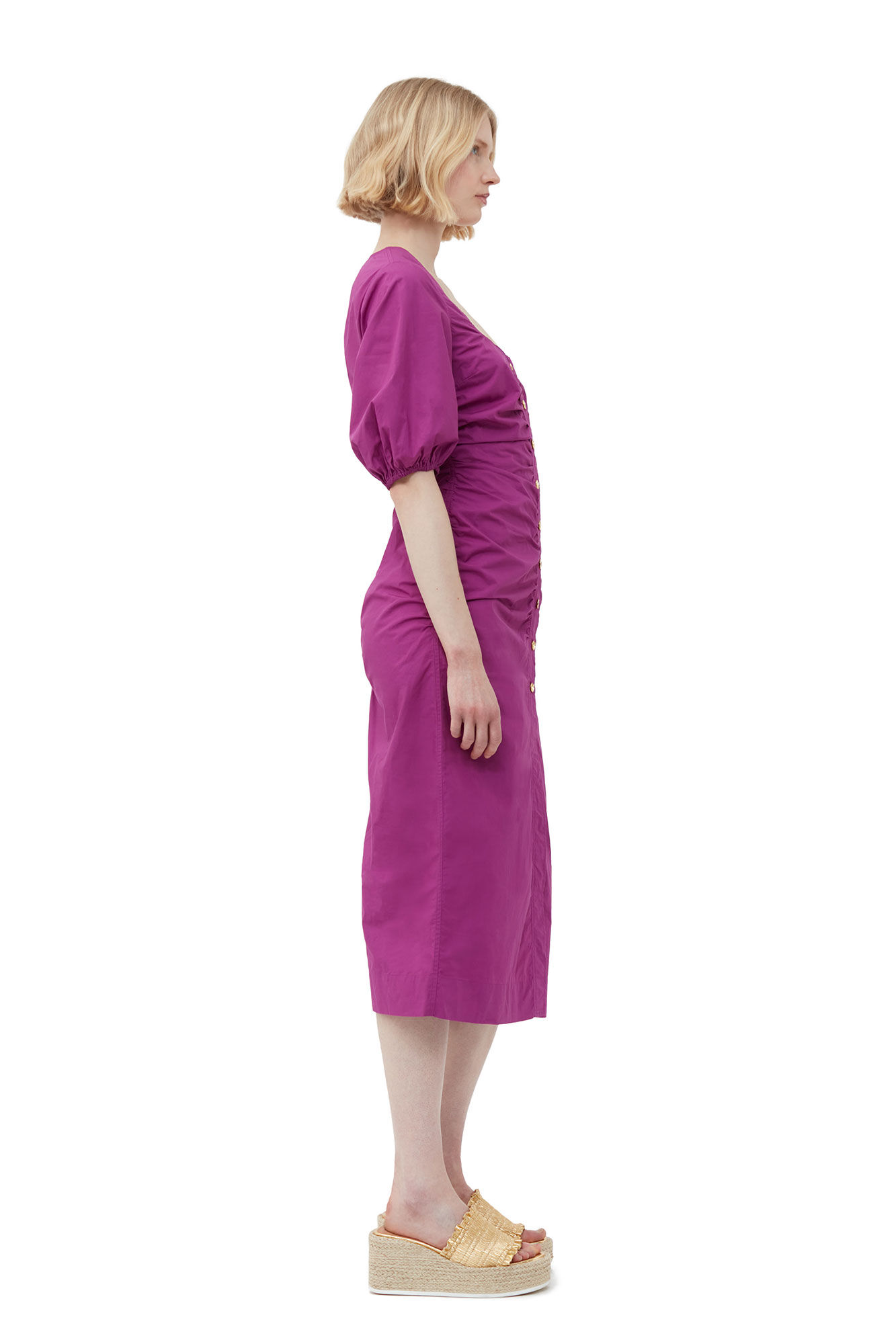 Cotton Poplin Gathered Open-neck Maxikjole, Cotton, in colour Purple Wine - 3 - GANNI