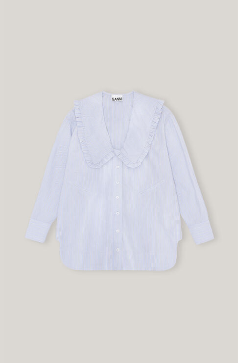 Ganni Stripe Cotton Oversized Shirt Brunnera Blue Size 38