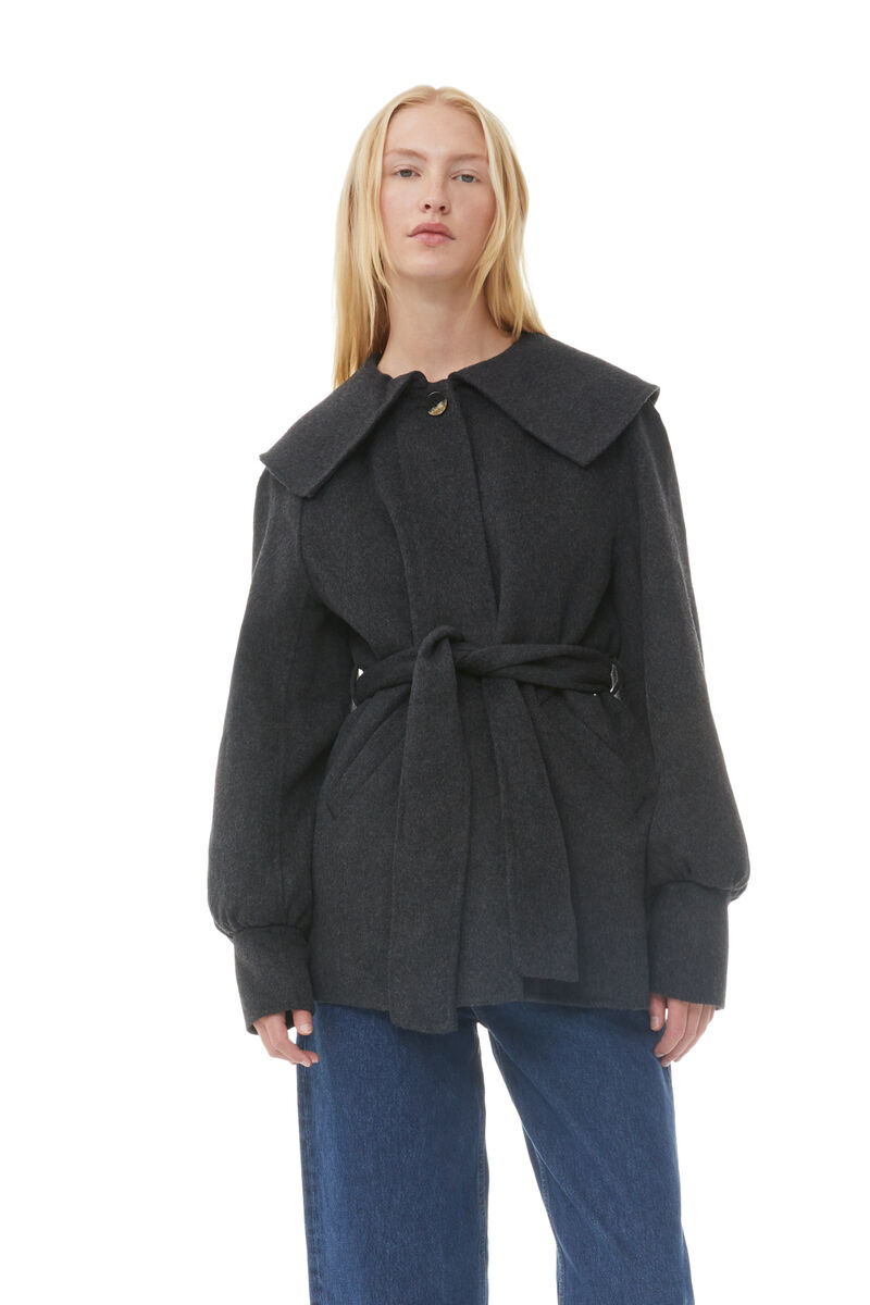 Grey Wool Collar Jacket, Polyamide, in colour Phantom - 1 - GANNI