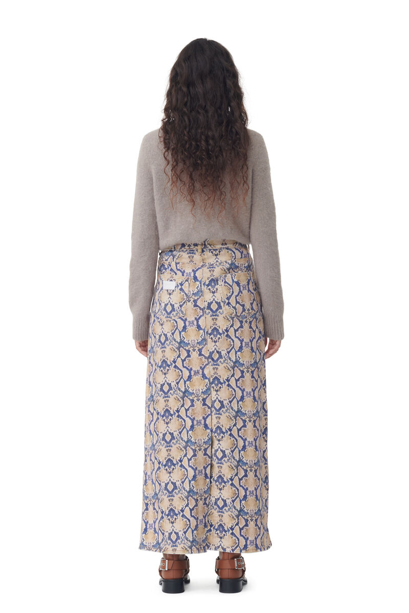 Snake Printed Denim Maxi Slit Skirt, Cotton, in colour Safari - 3 - GANNI