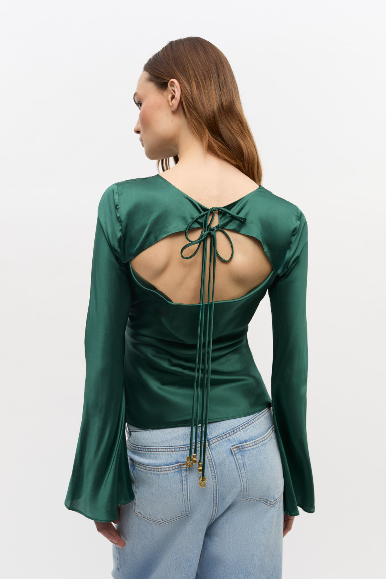 Green Satin Blouse, Elastane, in colour Pineneedle - 2 - GANNI
