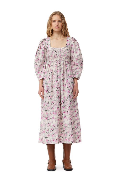 GANNI 3/4 SLEEVE PRINTED COTTON OPEN-NECK SMOCK LONG DRESS