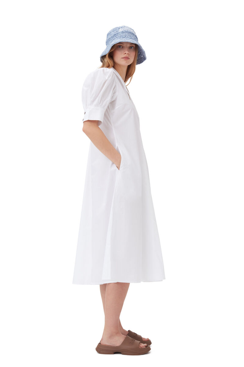 Cotton Poplin V-Neck Midi Dress, Cotton, in colour Bright White - 2 - GANNI