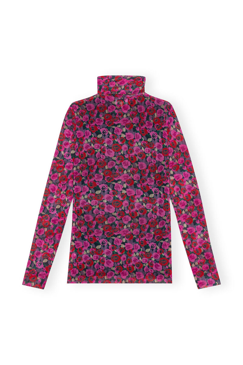Floral Mesh Long Sleeve Roll Neck-bluse, Recycled Nylon, in colour Fiji Flower - 2 - GANNI