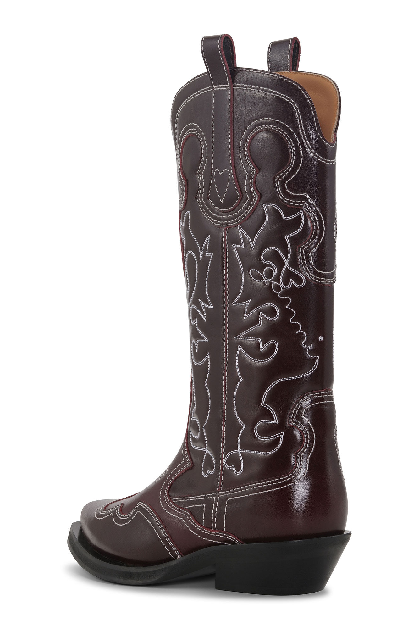 Burgundy Mid Shaft Embroidered Western Boots, Calf Leather, in colour Burgundy - 2 - GANNI