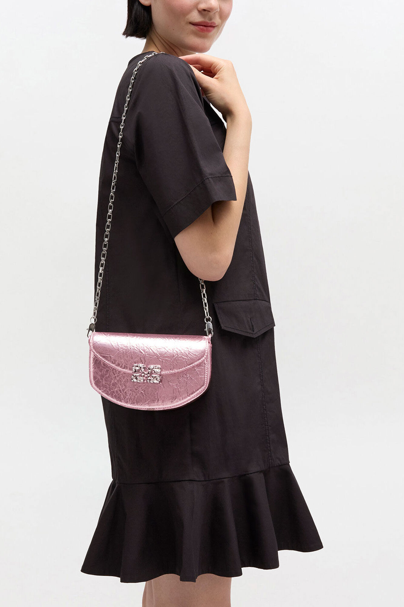 Silver Pink Lulu Wallet On Chain in Metallic | GANNI US