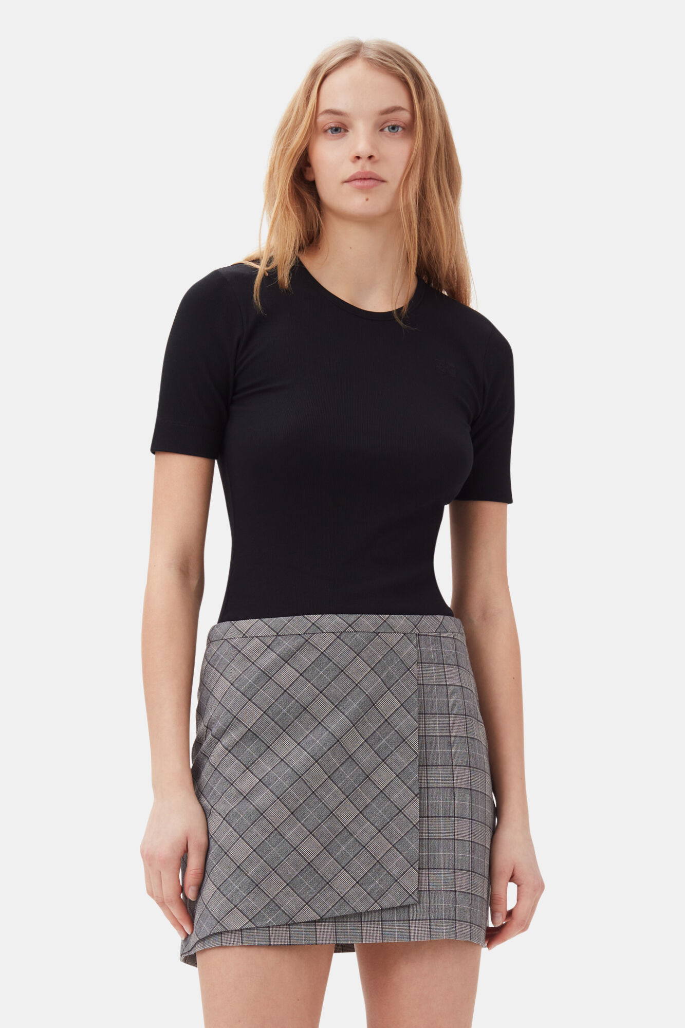Checkered Mini Skirt, Elastane, in colour Frost Gray - 2 - GANNI