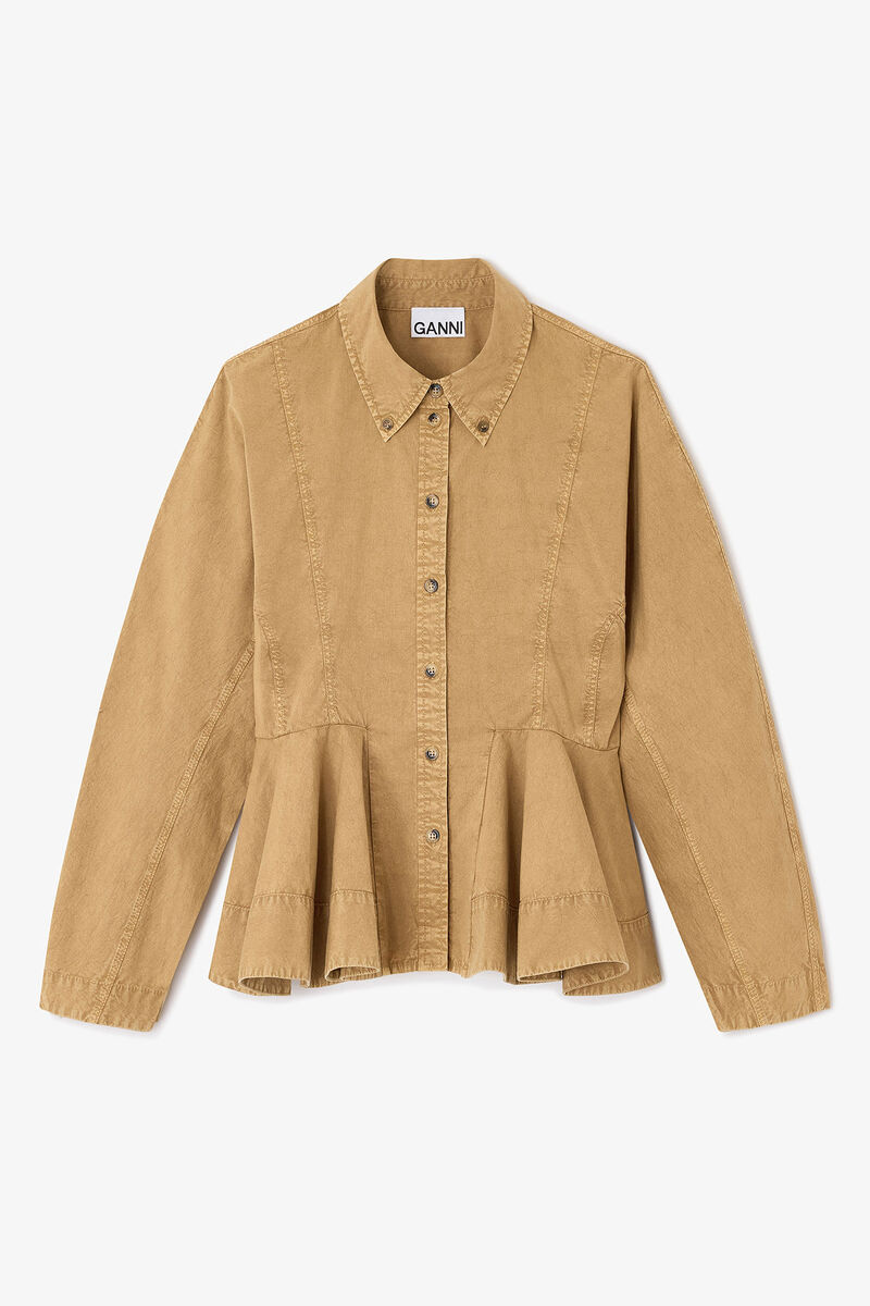 Beige Washed Peplum Shirt, Elastane, in colour Lark - 1 - GANNI