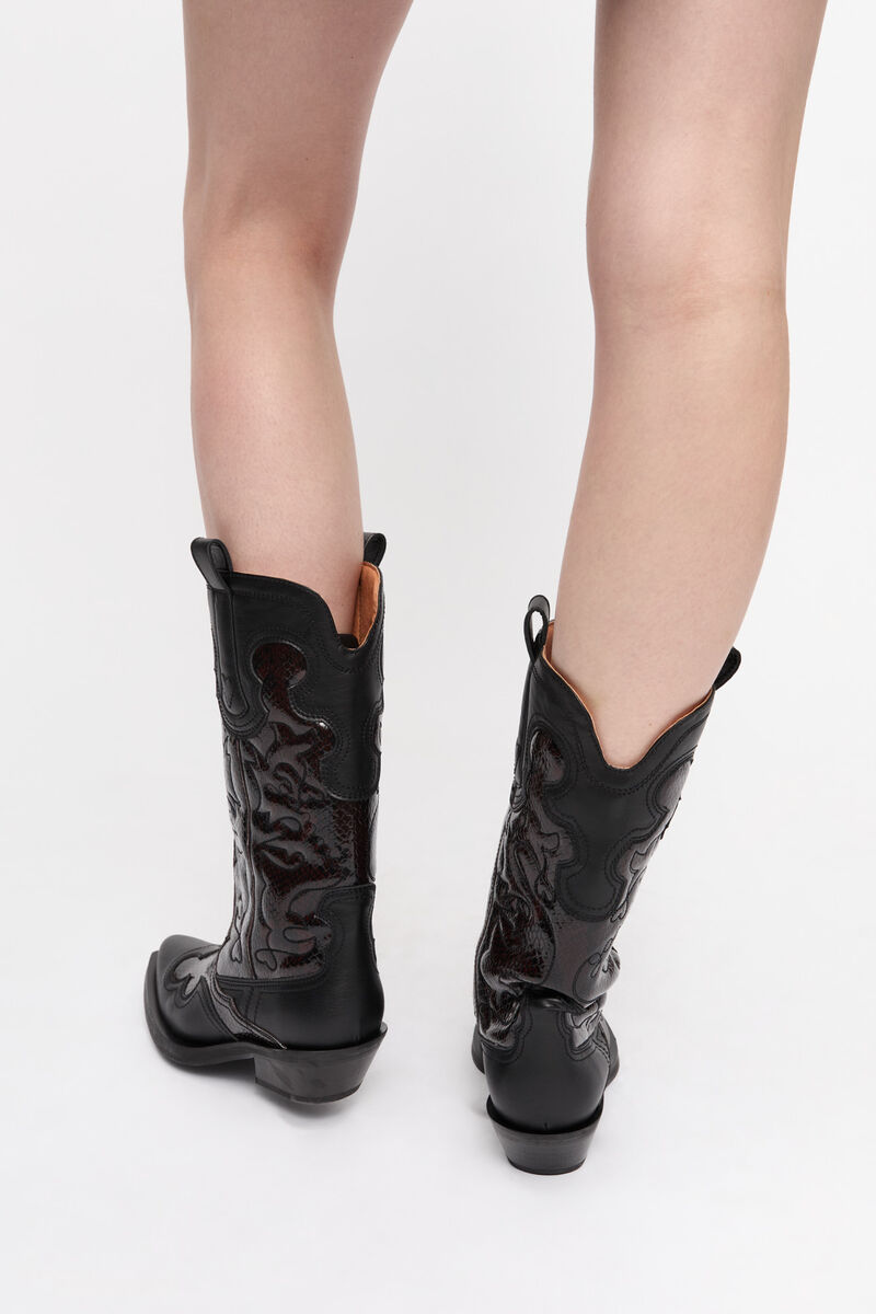 Mid Shaft Embroidered Western Boots in Burgundy, Recycled Leather, in colour Black/Dark Burgundy - 2 - GANNI