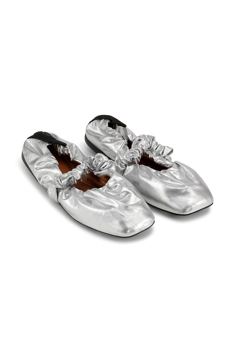 Silver Soft Square Toe Scrunchie Ballerinas, Recycled Polyester, in colour Silver - 3 - GANNI