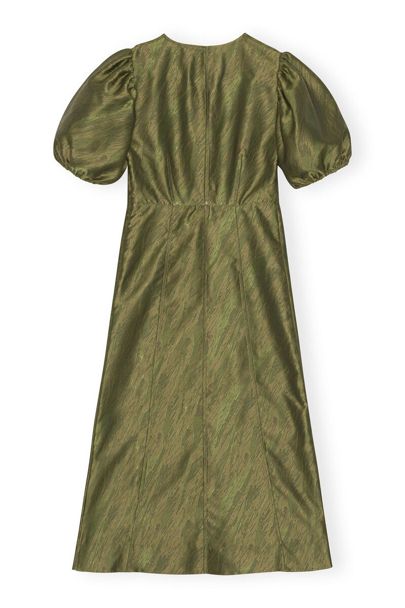 Shiny Jacquard V-neck Midi Dress, Polyester, in colour Avocado - 2 - GANNI