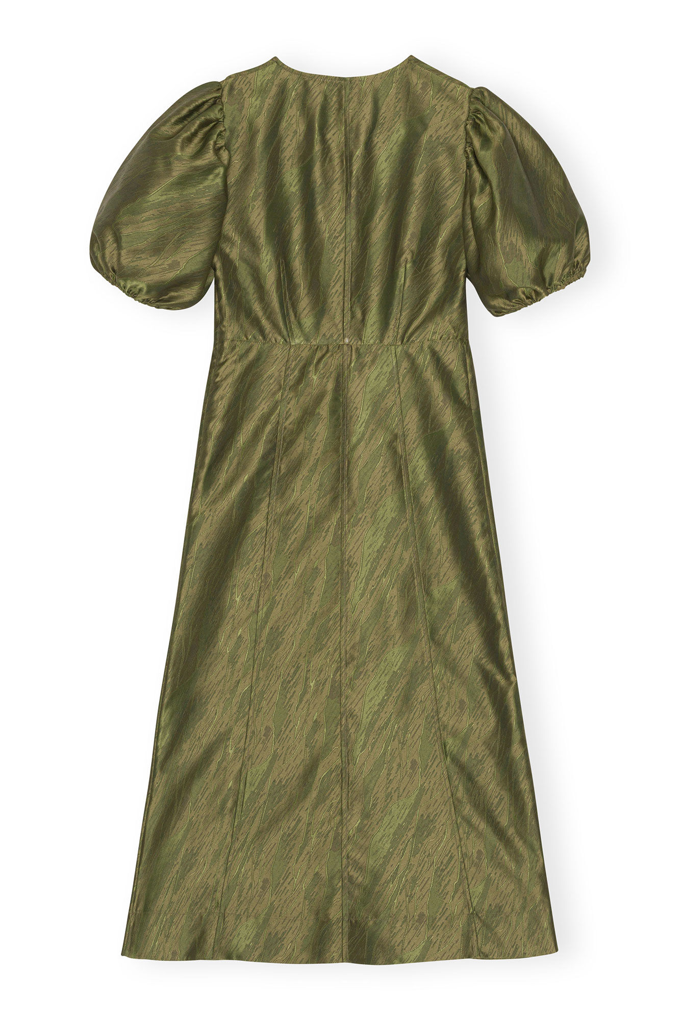 Shiny Jacquard V-neck Midi Dress, Polyester, in colour Avocado - 2 - GANNI