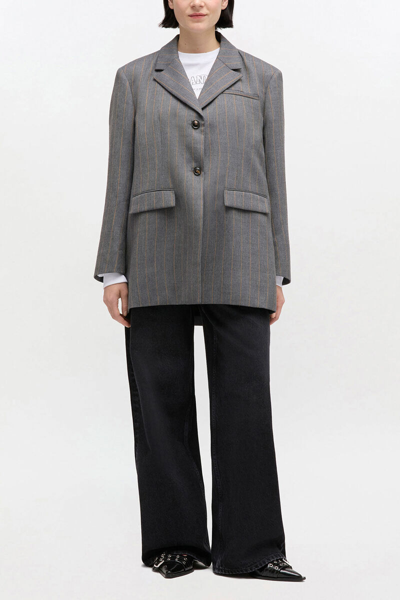 Grey Stripe Wool Blazer, Wool, in colour Pewter Melange - 1 - GANNI