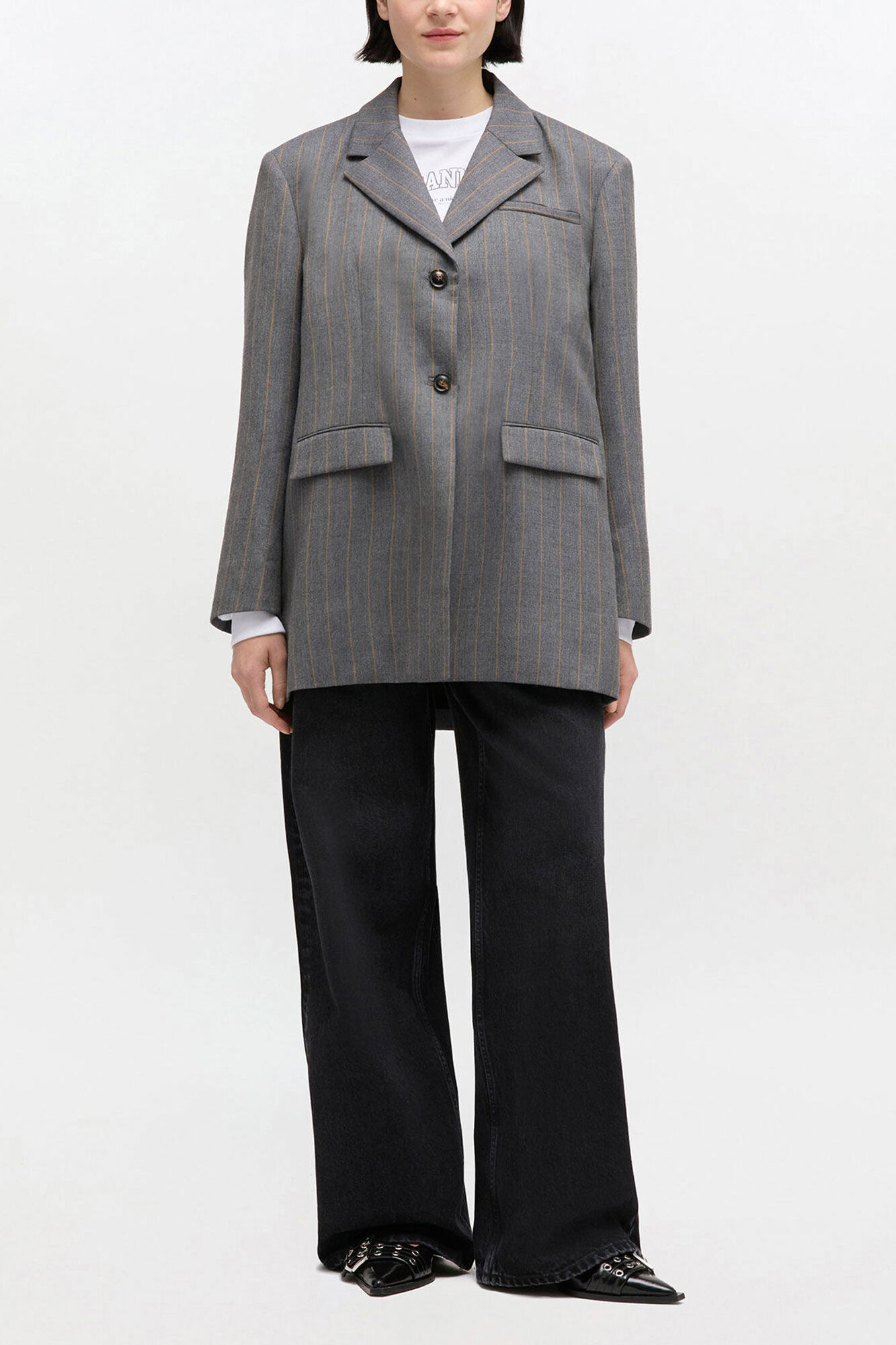 Grey Stripe Wool Blazer, Wool, in colour Pewter Melange - 1 - GANNI