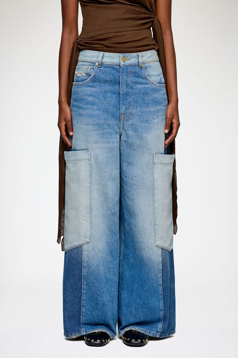 Baggy vid modell i lappt&auml;cksdenim, Organic Cotton, in colour Mid Blue Vintage - 2 - GANNI