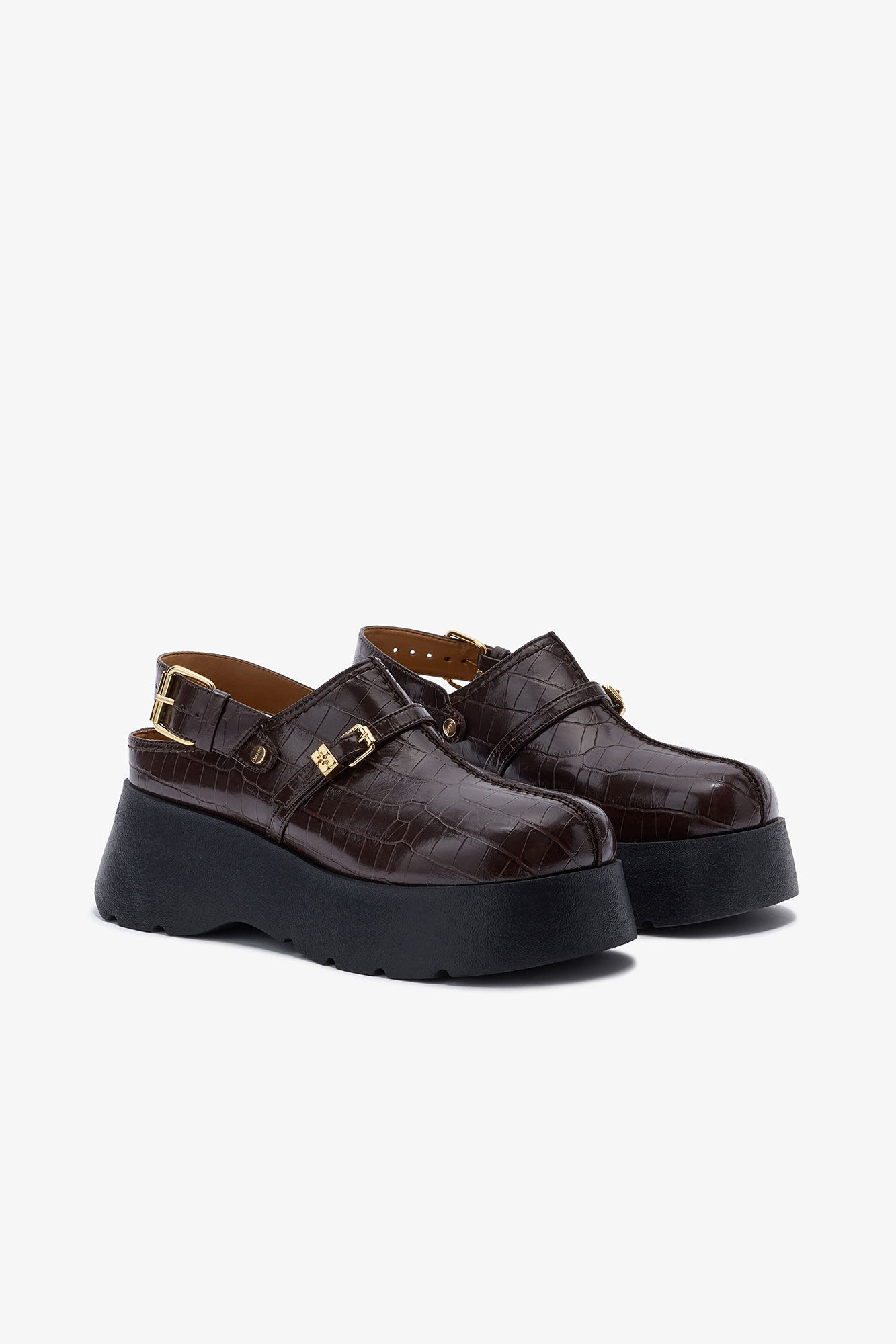 Platform Clogs in Brown Croco, Recycled Leather, in colour Chocolate Fondant - 2 - GANNI