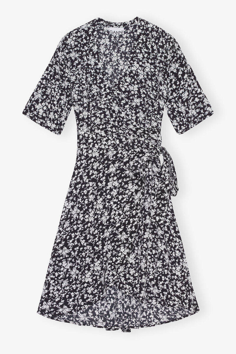 Printed Crepe Wrap Dress, Viscose, in colour Black - 1 - GANNI
