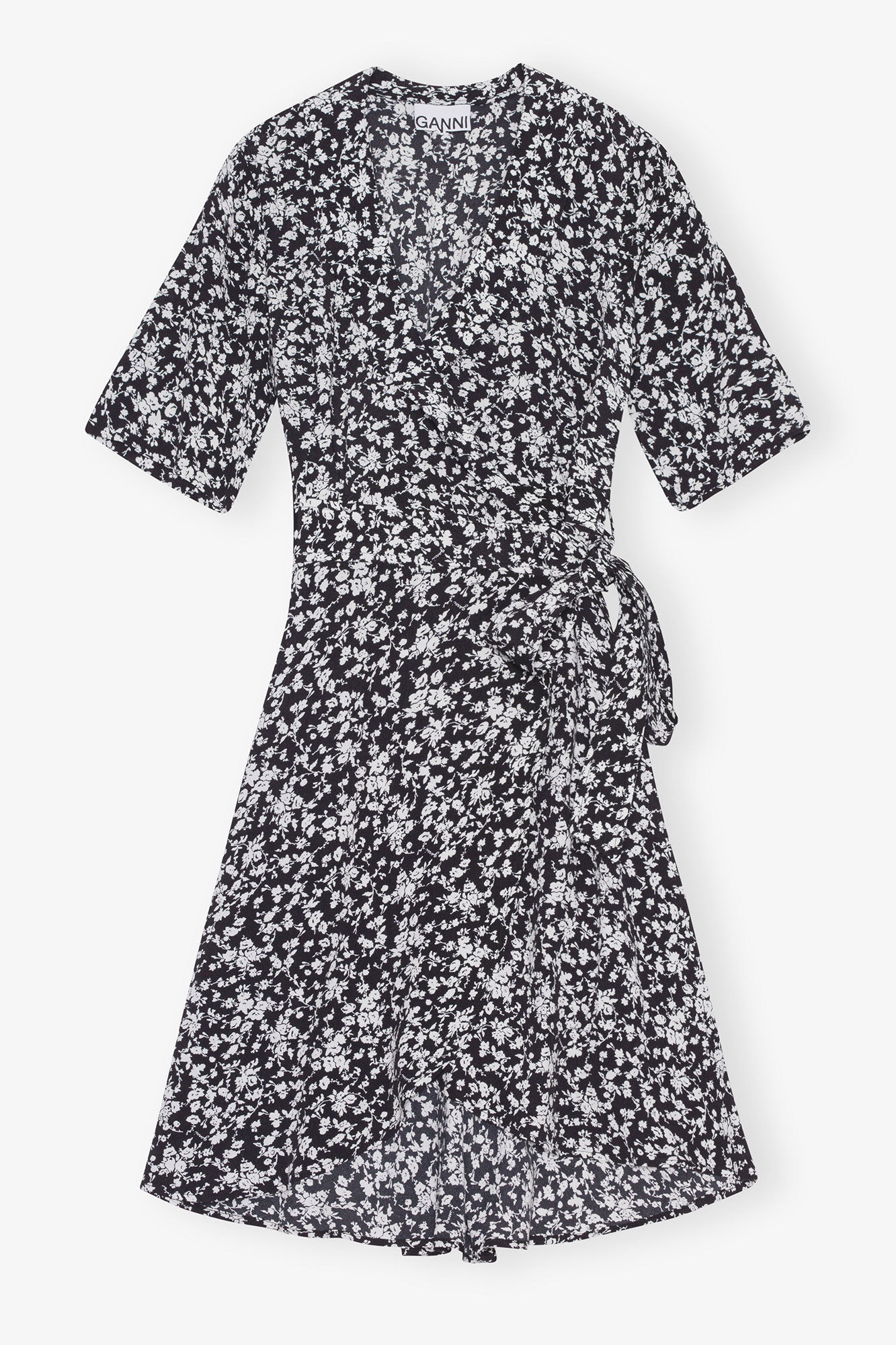 Printed Crepe Wrap Dress, Viscose, in colour Black - 1 - GANNI