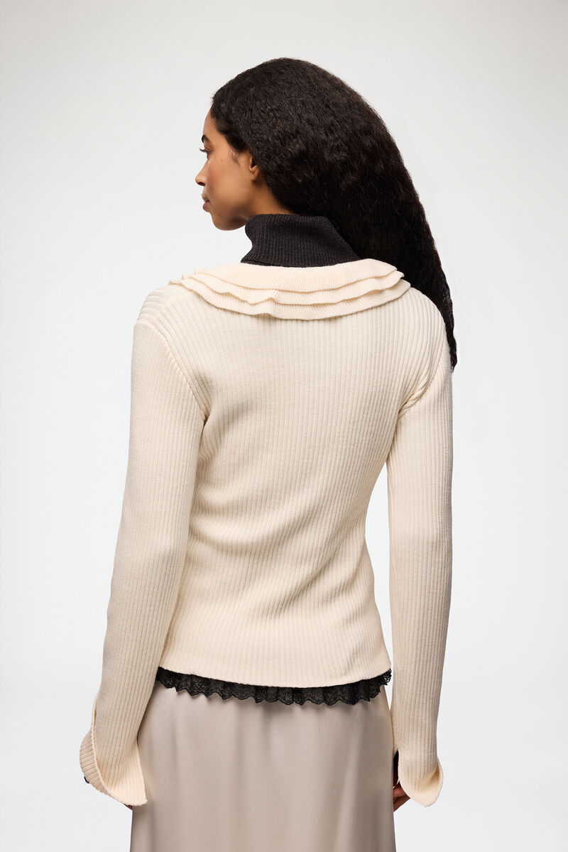 Top in Ribbed Merino, Merino Wool, in colour Egret - 3 - GANNI
