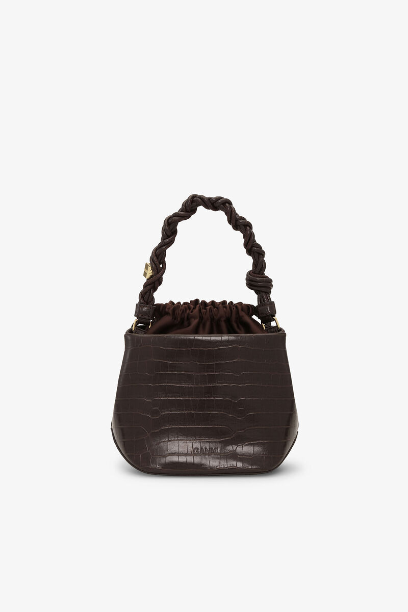 Brun Bou Bucket-v&auml;ska i krokodilm&ouml;nster, Recycled Leather, in colour Chocolate Fondant - 3 - GANNI