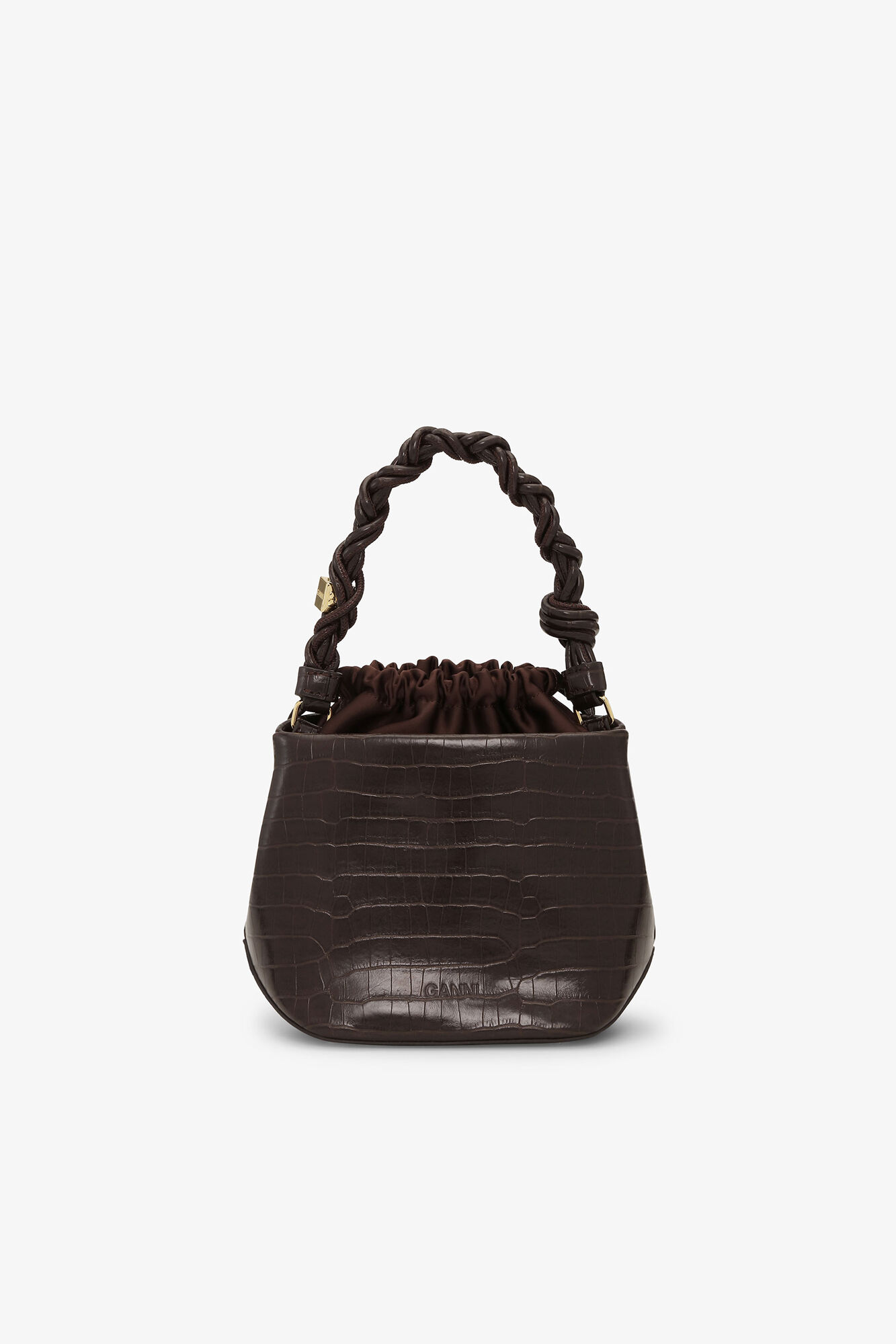 Brun Bou Bucket-v&auml;ska i krokodilm&ouml;nster, Recycled Leather, in colour Chocolate Fondant - 3 - GANNI