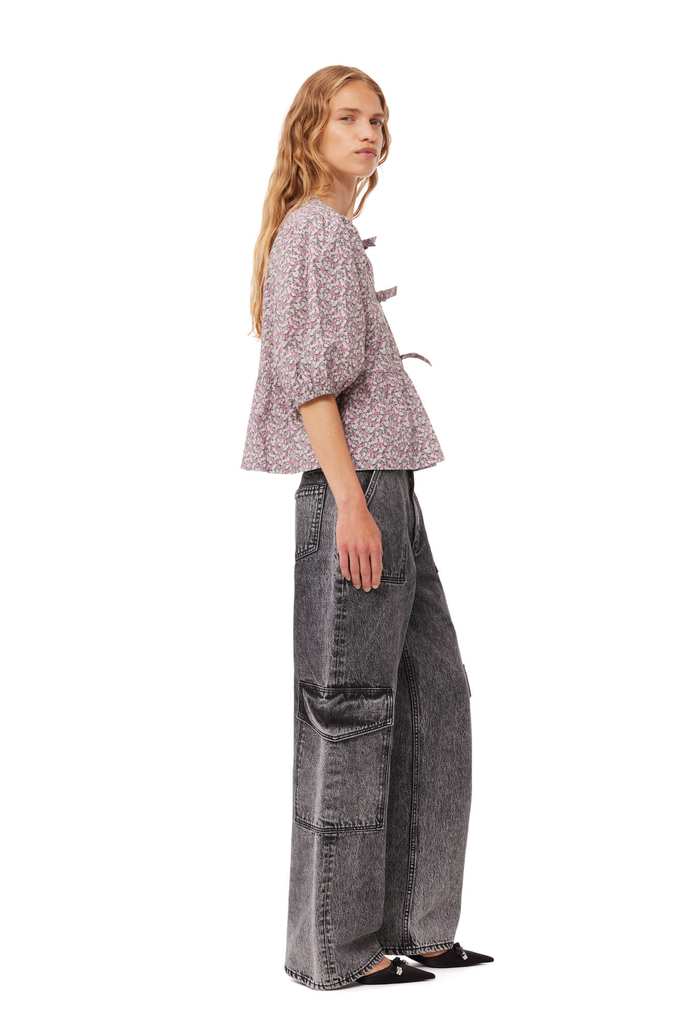 Floral Cotton Poplin Blouse, Cotton, in colour Frost Gray - 3 - GANNI